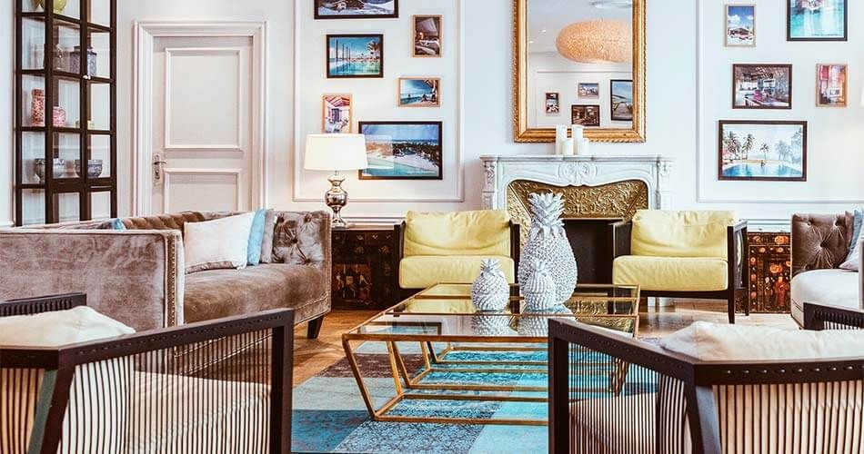 Living room with photos along the wall in a Florida home.